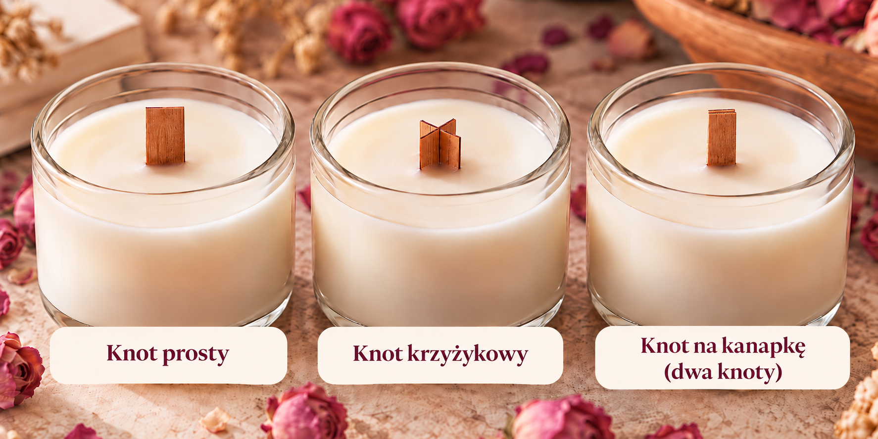 Rodzaje knotów drewnianych: pojedyncze, krzyżykowe, kanapka i ażurowe