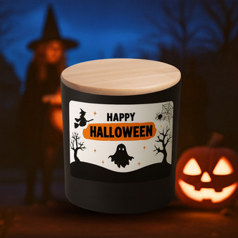 Zestaw do robienia świecy na Halloween CZARNY POJEMNIK z naklejką i drewnianym wieczkiem PREZENT, URODZINY