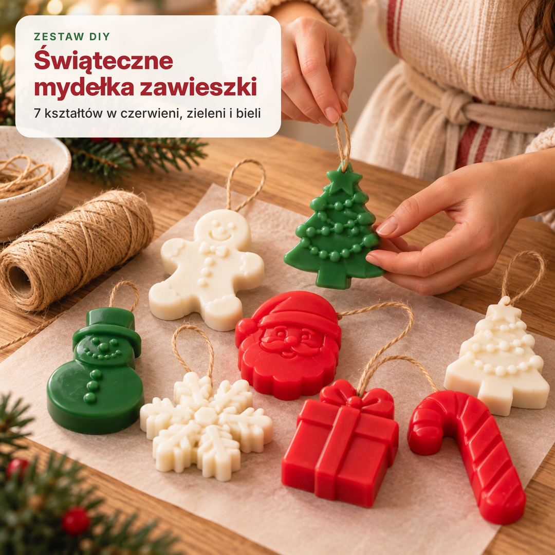 Zestaw do robienia świątecznych mydełek zawieszki na kran, forma + baza + barwniki
