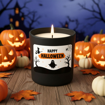Zestaw do robienia świecy na Halloween CZARNY POJEMNIK z naklejką i drewnianym wieczkiem PREZENT, URODZINY