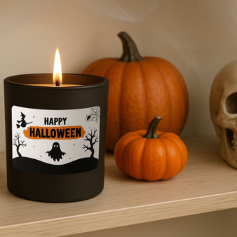 Zestaw do robienia świecy na Halloween CZARNY POJEMNIK z naklejką i drewnianym wieczkiem PREZENT, URODZINY