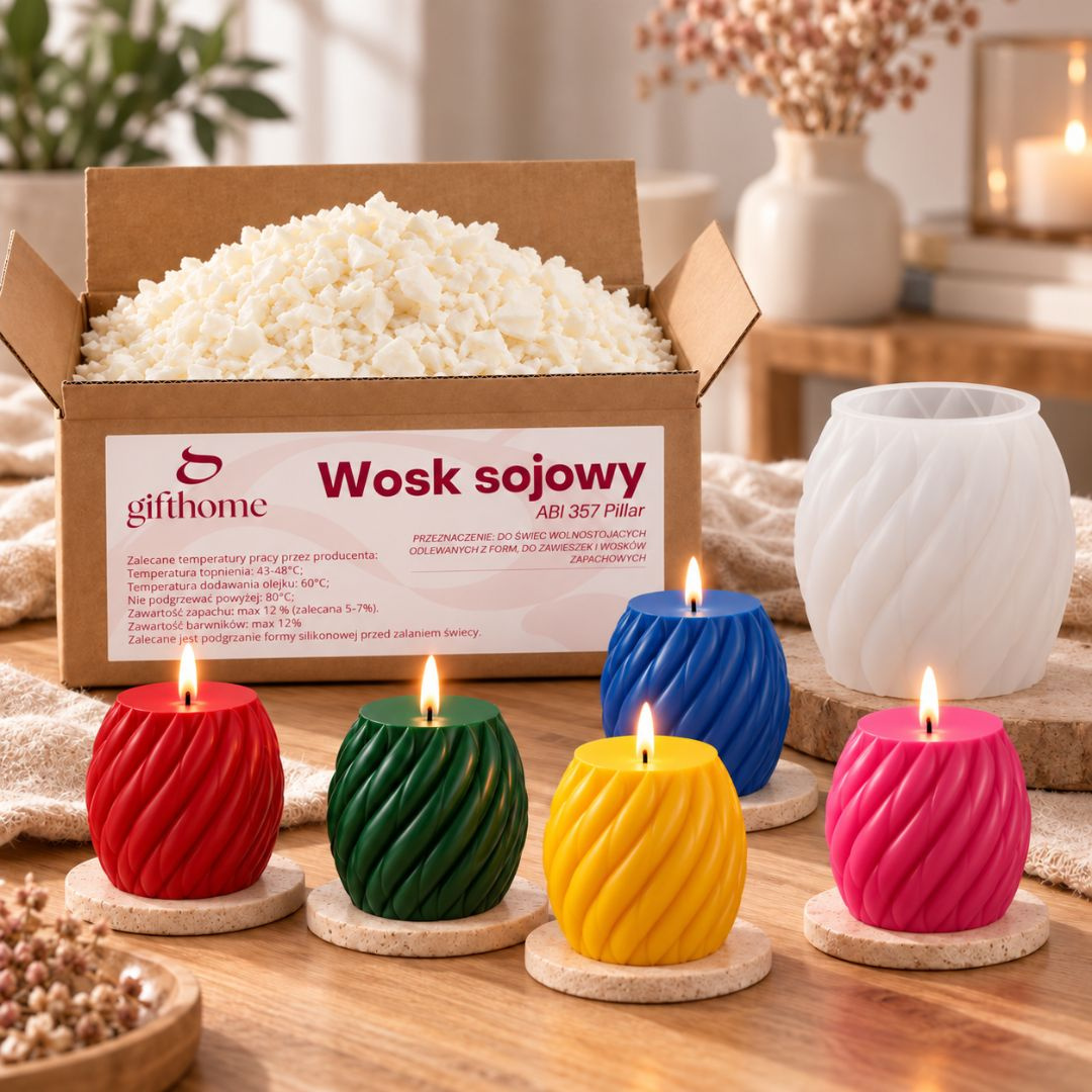 Zestaw POLSKI WOSK SOJOWY PILLAR DO ŚWIEC WOLNOSTOJĄCYCH 4,5kg + 5 kolorowych barwników