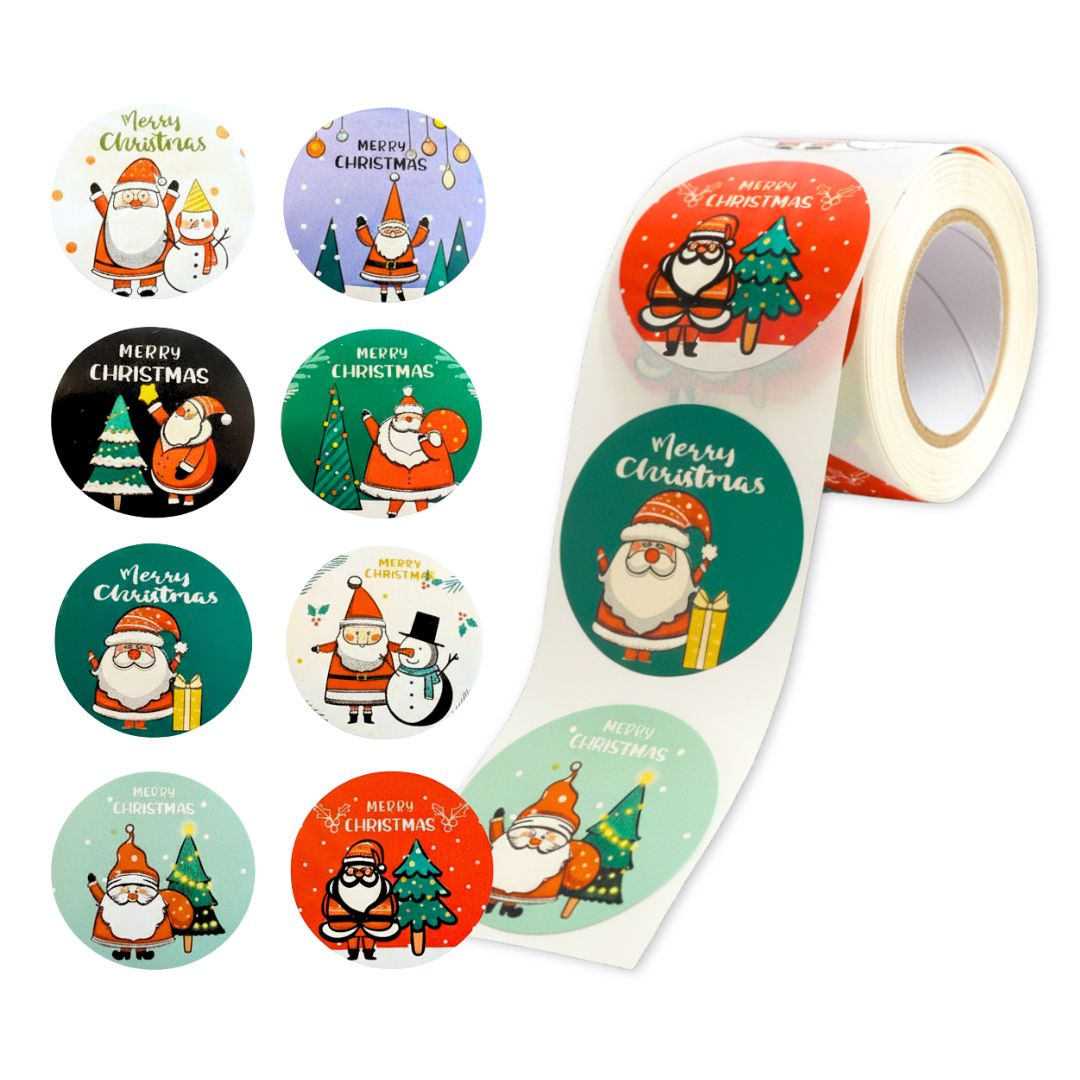 Naklejki samoprzylepne świąteczne MERRY CHRISTMAS do dekoracji 8 wzorów w rolce 500 szt.
