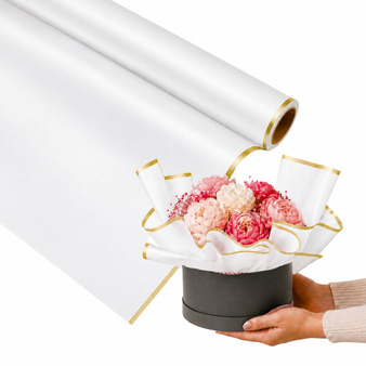 Folia florystyczna w rolce biała matowa do flowerboxów bukietów prezentów złoty pasek 50cm 8,20m