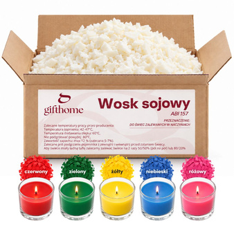 Zestaw POLSKI WOSK SOJOWY DO ŚWIEC ZALEWANYCH 4,5kg + 5 kolorowych barwników