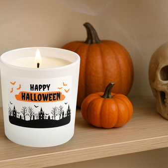 Zestaw do robienia świecy na Halloween BIAŁY POJEMNIK z naklejką i drewnianym wieczkiem PREZENT, URODZINY