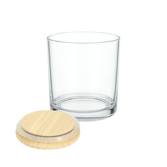 Szklany pojemnik do świec zalewanych wraz z drewnianą pokrywką z uszczelką, przeźroczysty 180 ml