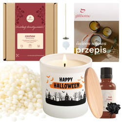 Zestaw do robienia świecy na HALLOWEEN biały pojemnik z naklejką i drewnianym wieczkiem DLA DZIECI