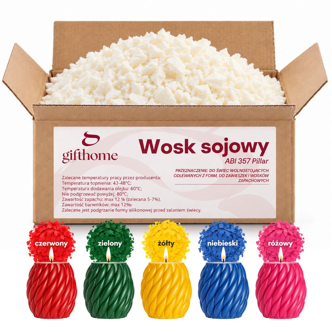 Zestaw POLSKI WOSK SOJOWY PILLAR DO ŚWIEC WOLNOSTOJĄCYCH 4,5kg + 5 kolorowych barwników