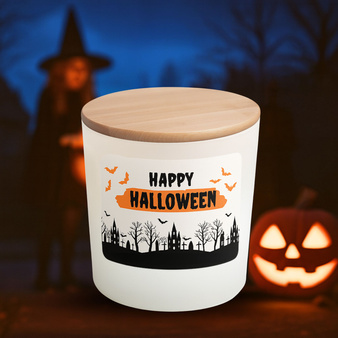 Zestaw do robienia świecy na Halloween BIAŁY POJEMNIK z naklejką i drewnianym wieczkiem PREZENT, URODZINY