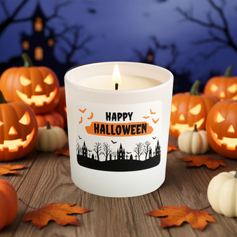 Zestaw do robienia świecy na Halloween BIAŁY POJEMNIK z naklejką i drewnianym wieczkiem PREZENT, URODZINY