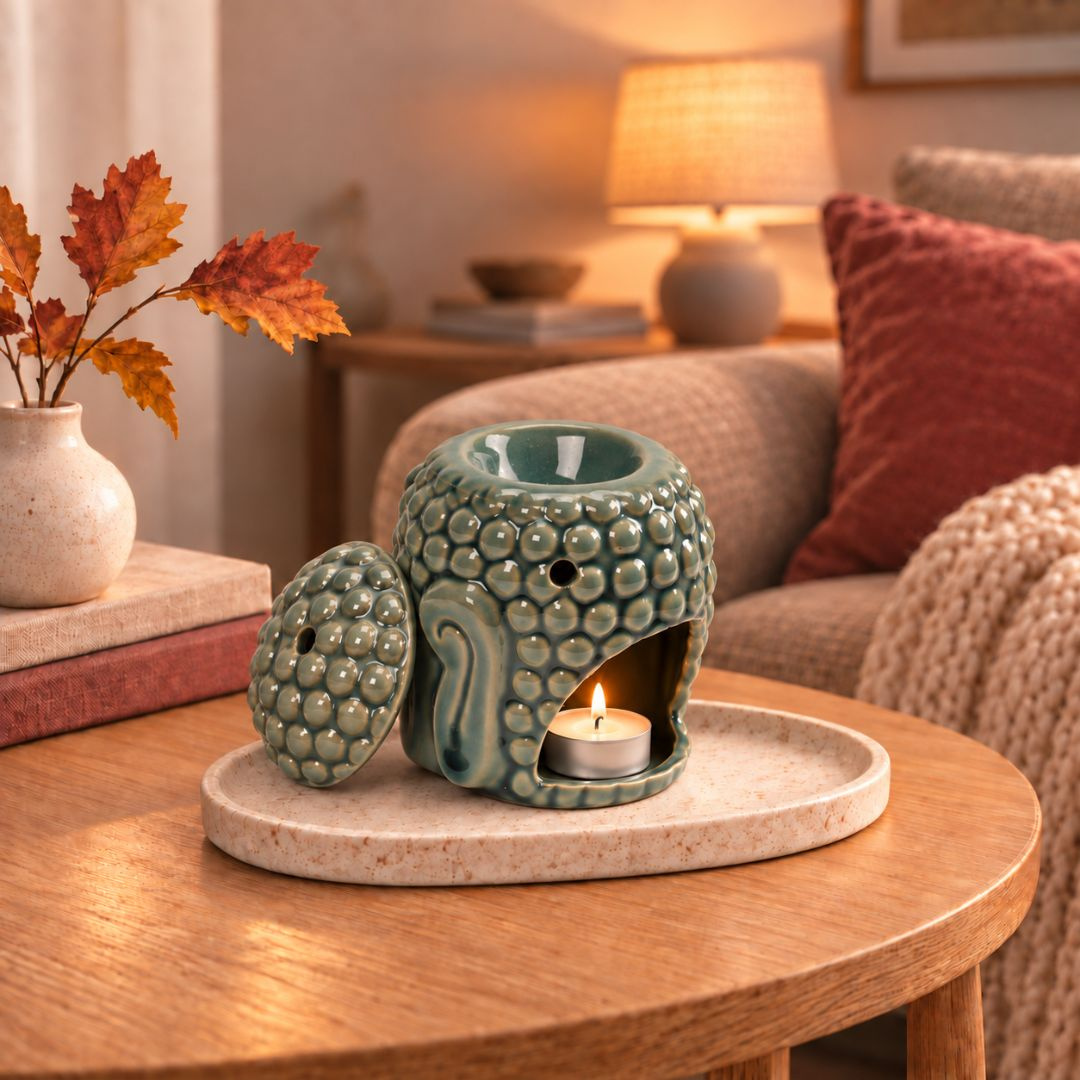 Duży kominek zapachowy ceramiczny na tealighty niebieski GŁOWA BUDDY