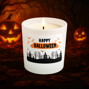 Zestaw do robienia świecy na Halloween BIAŁY POJEMNIK z naklejką i drewnianym wieczkiem PREZENT, URODZINY