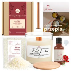 Zestaw do robienia świecy PREZENT NA DZIEŃ NAUCZYCIELA szklany pojemnik z naklejką i drewnianym wieczkiem