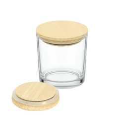 Szklany pojemnik do świec zalewanych wraz z drewnianą pokrywką z uszczelką, przeźroczysty 180 ml