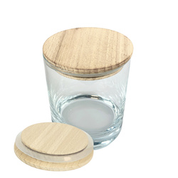 Szklany pojemnik do świec wraz z drewnianą pokrywką z uszczelką, przeźroczysty 300 ml