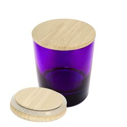 Szklany pojemnik do świec wraz z drewnianą pokrywką z uszczelką, fioletowy 300 ml