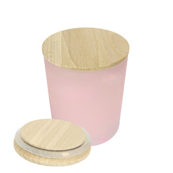 Szklany pojemnik do świec wraz z drewnianą pokrywką z uszczelką, różowy mat 300 ml