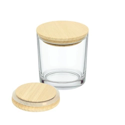 Szklany pojemnik do świec zalewanych wraz z drewnianą pokrywką z uszczelką, przeźroczysty 180 ml